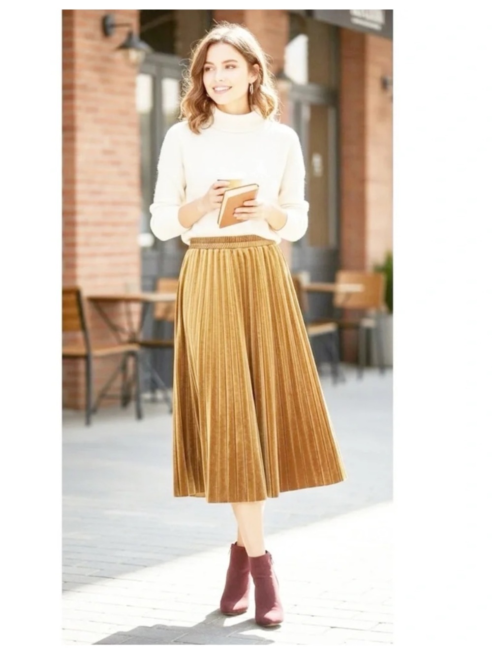 Chelsea28 Marigold Velvet Midi Skirt Pleated A-Line Full Boho Women's L